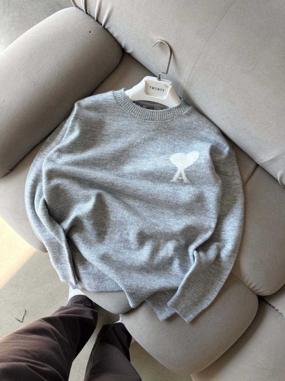 AMI Gri Logo İşlemeli Triko Sweatshirt