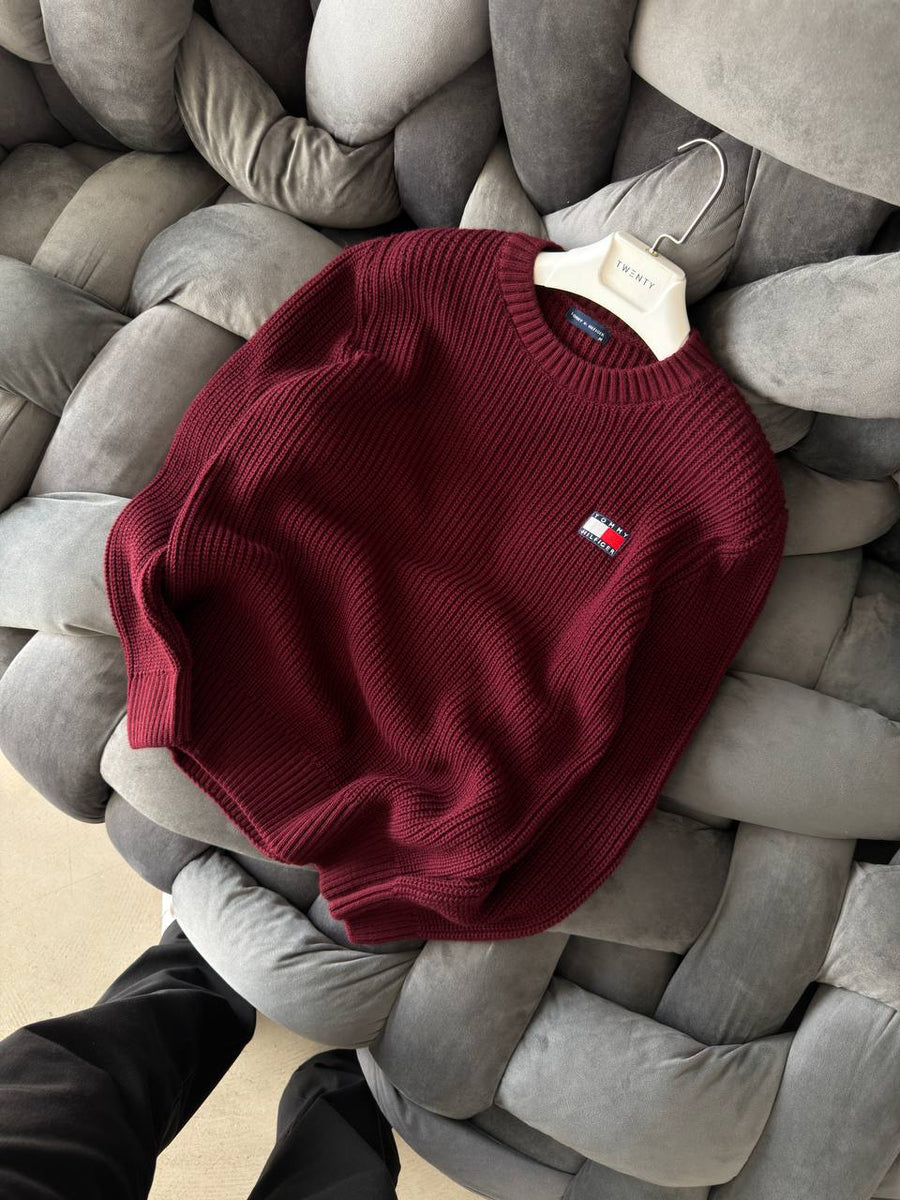 Tommy Hilfiger Bordo Renk Nakış Detaylı Triko Sweatshirt